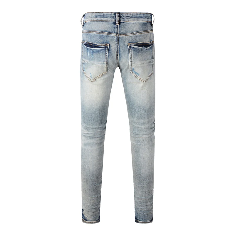 Moda uliczna Mężczyźni Jeans Wysokiej jakości Retro Blue Stretch Skinny Fit Patched Ripped Jeans Mężczyźni Marka Projektant Hip Hop Denim Pants