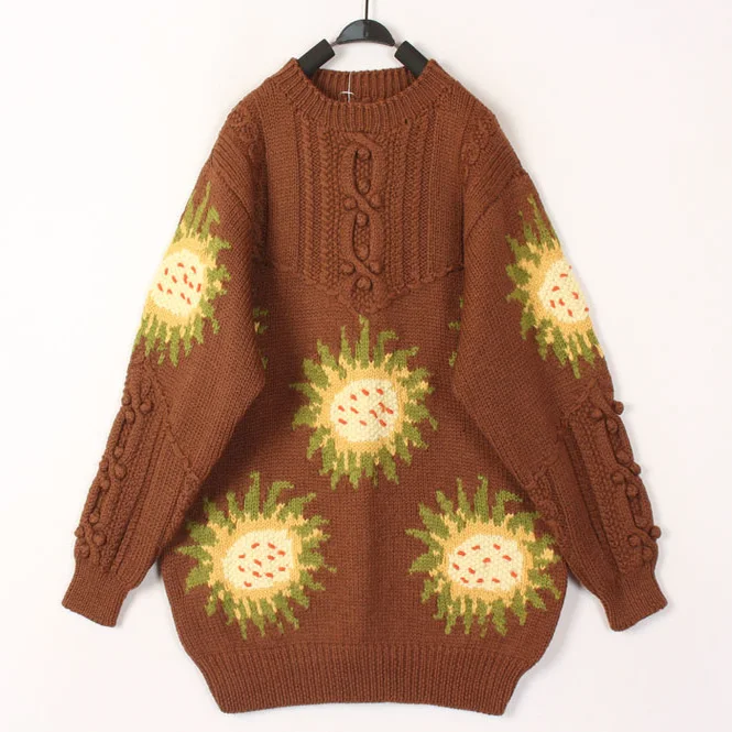 

Sweet Vintage Hooked Flower Woolen Sweater Overhead Coat Harajuku Style Mid-Length round Neck Long Sleeve Warm Autumn Winter ...