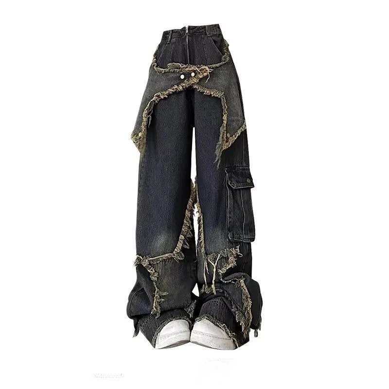 2025 Chic Gothic Pockets Zipper Casual Pants American Retro Wash Grunge Wide Leg Jeans Street Style Button Fashion Denim Pants