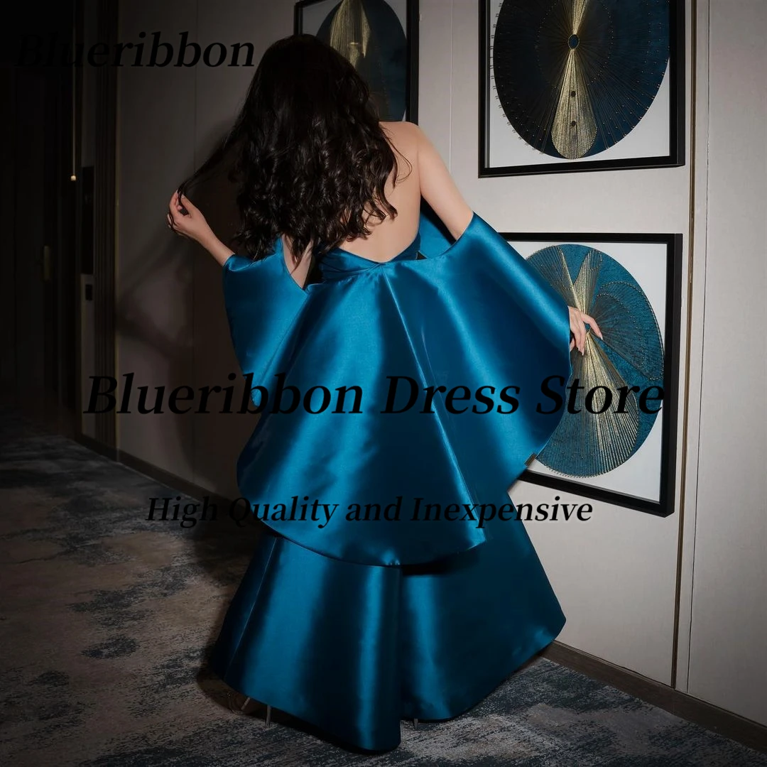 Blueribbon frisado Halter Neck Prom Dresses, Sexy Open Back Wrap, Fenda dianteira, Festa à noite, Vestido de Dubai