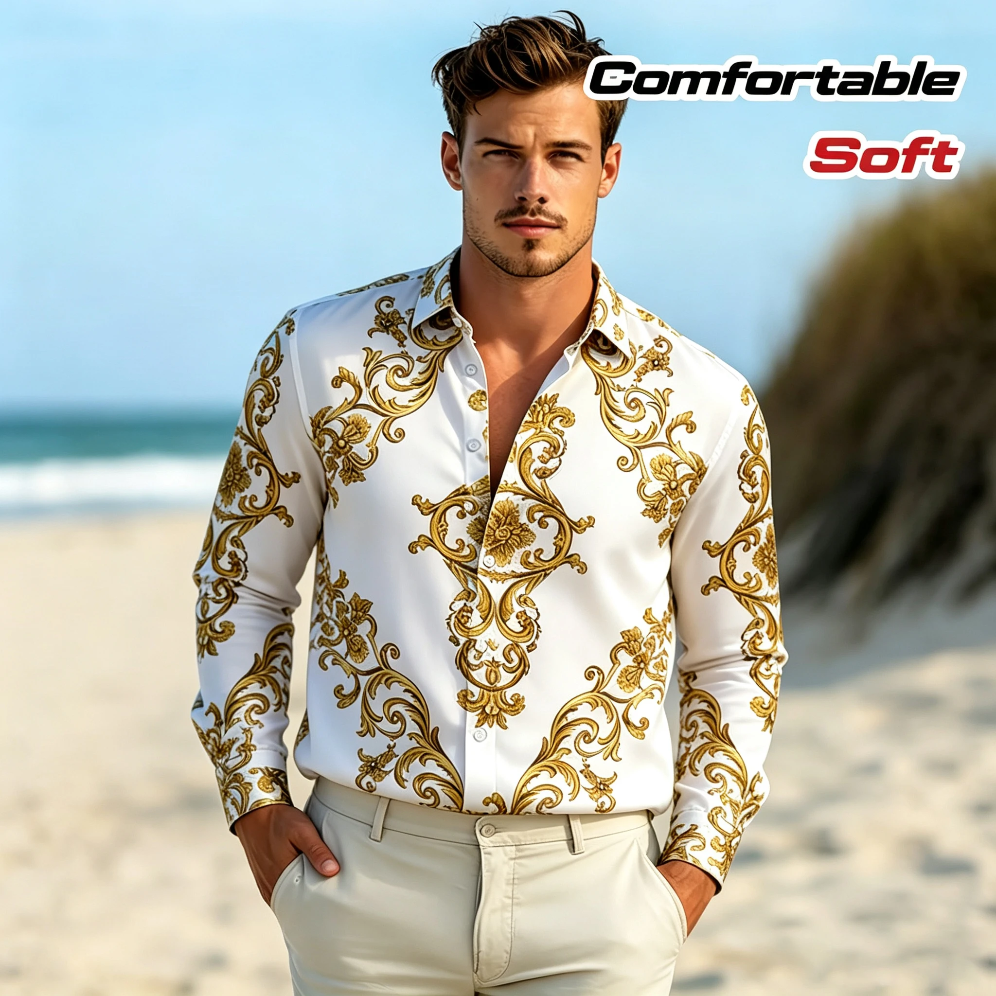 Men's Long-Sleeved Shirt with Gold Baroque Pattern, White Base, Court Style, Slim Fit, Stretch, Suitable for Business Banquets.