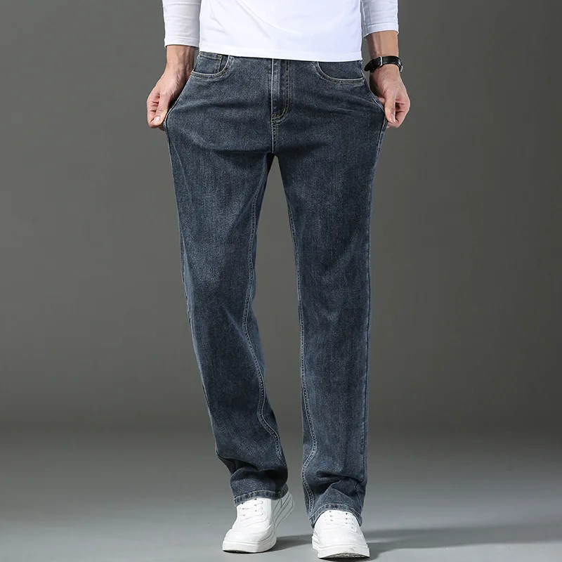 2024 Spring New Men's Stretch Loose Jeans Classic Brand Straight Business Casual Elastic Waist Denim Trousers Plus Size 42 44 46