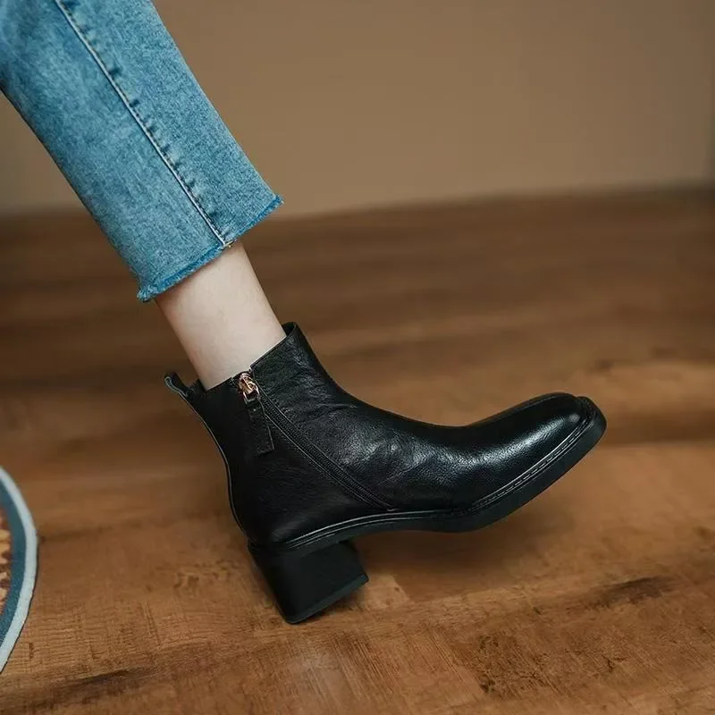Short Boots for Women 2024 New Round Toe Square Heel Side Zipper Women's Boots Retro Versatile Leather Mid-heeled Shoes Female image 2