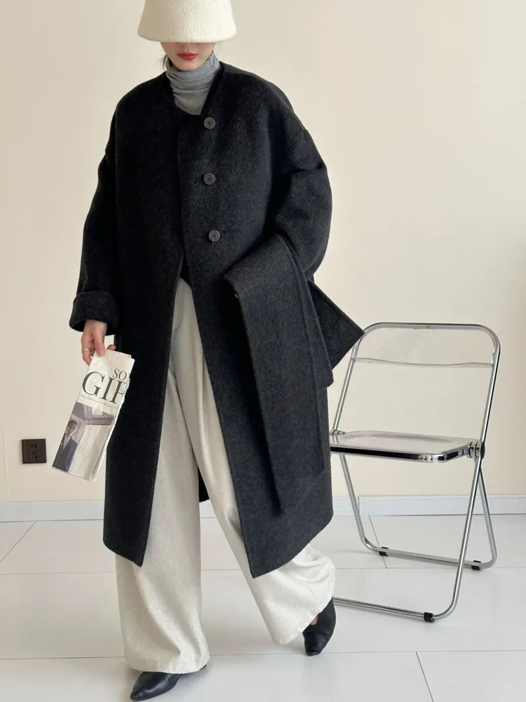 ZMEENNA Damen-Mantel, elegant, elfenbeinweiß, Wollmischung, langer Mantel mit Schalkragen, warme Winter-Oberbekleidung, stilvoll, locker, lässig, ZM3484