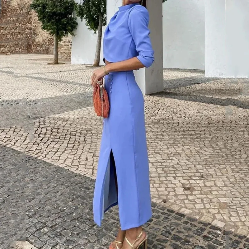 Women Two Piece Skirt Sets Solid Irregular Tops Half Sleeve High Waist Split Skirts Elegant Lady Slim Fit Spring Summer 2025