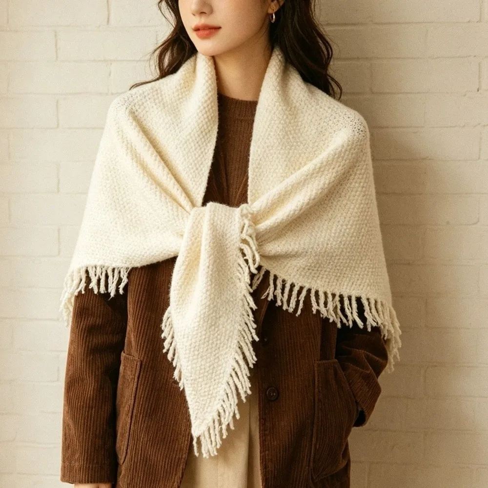 Wird nicht pillen, Wollmischung, dreieckiger Schal mit Fransen, warmer, gestrickter Schal, dekorativer, mehrfarbiger Wickelschal für Damen – Detail 2