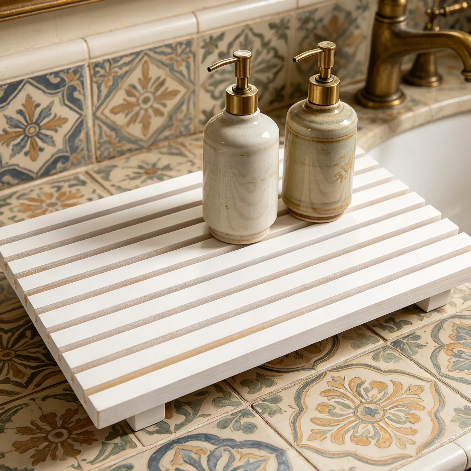 Bathroom Sink Soap Tray Wooden Riser Stand White Wood Pedestal Kitchen Accessories Soap Dispenser Holder Bathroom Counter view 2