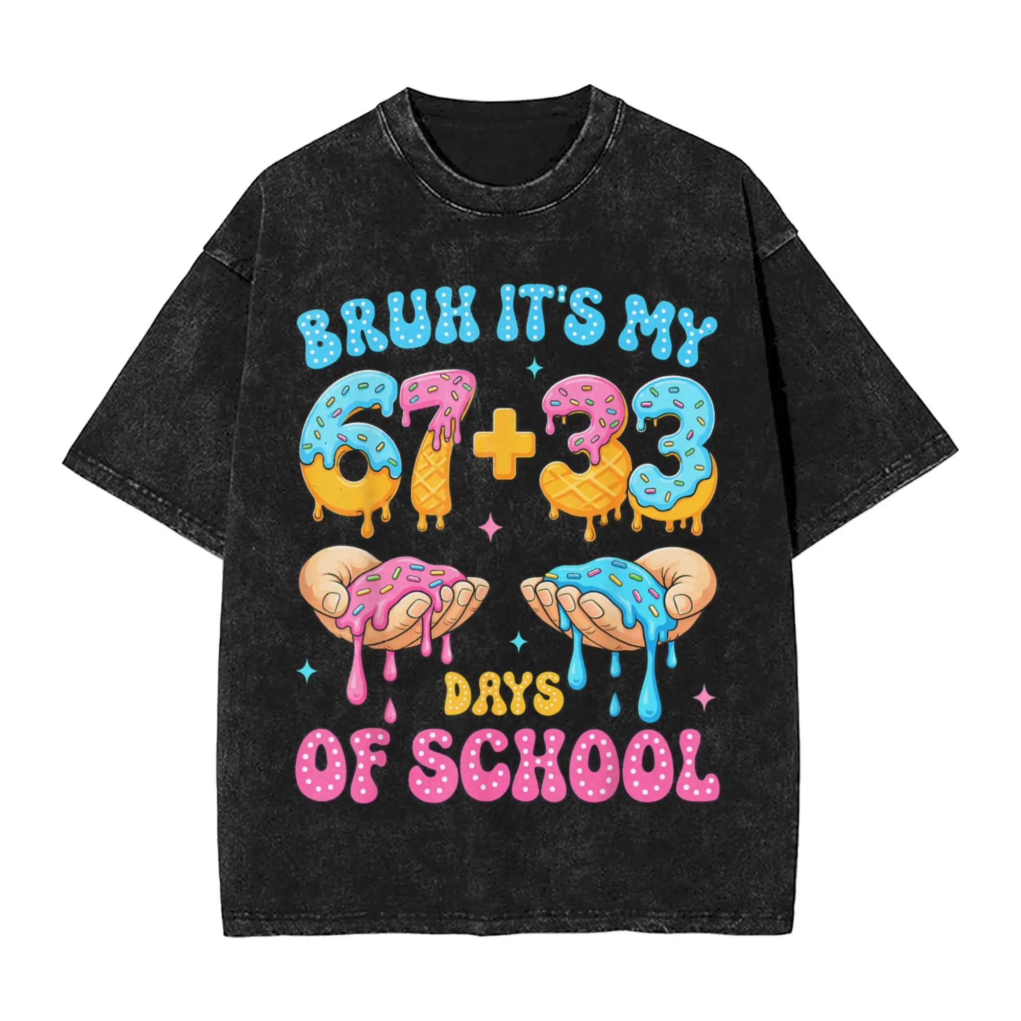 

Bruh I Survived 67 + 33 Days of School 100th Day of School T-Shirt Men Funny Cotton Tee Shirt Crew Neck Short Sleeve