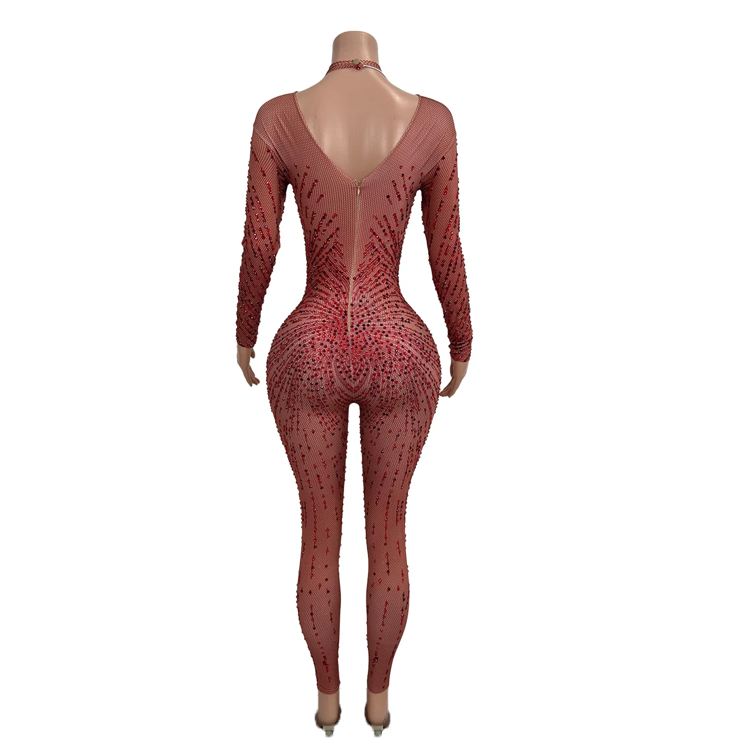 Sparkly Red Rhinestone Bodycon Jumpsuit For Hot Girls Club Night Pole Dance Show Sexy Elastic Jumpsuit Birthday Photograph Wear