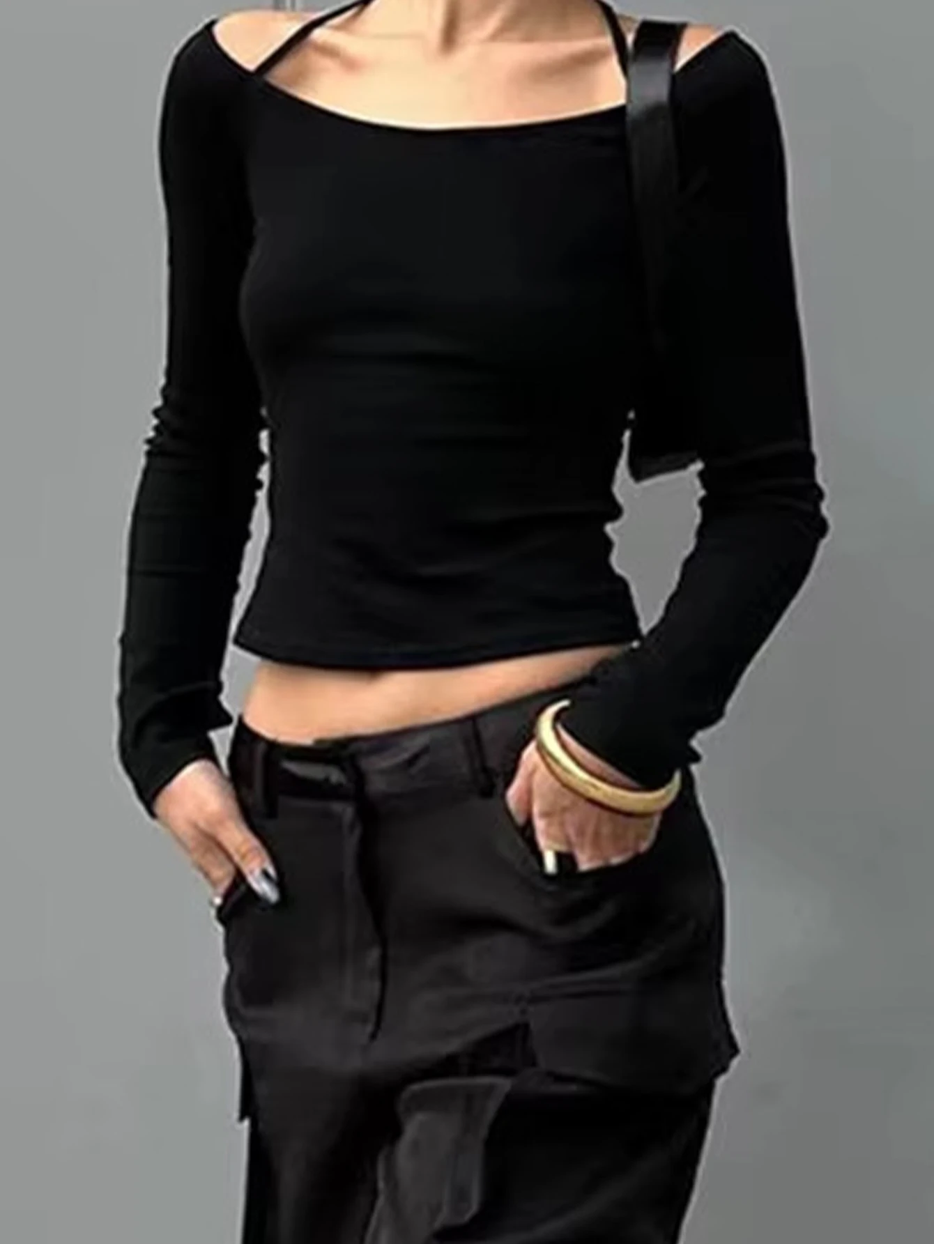 تي شيرت برقبة واحدة مكشوفة الأكتاف على شكل عظمة الترقوة، تي شيرت بناتي حلو وحار بأكمام طويلة، قميص أساسي ضيق مثير #4