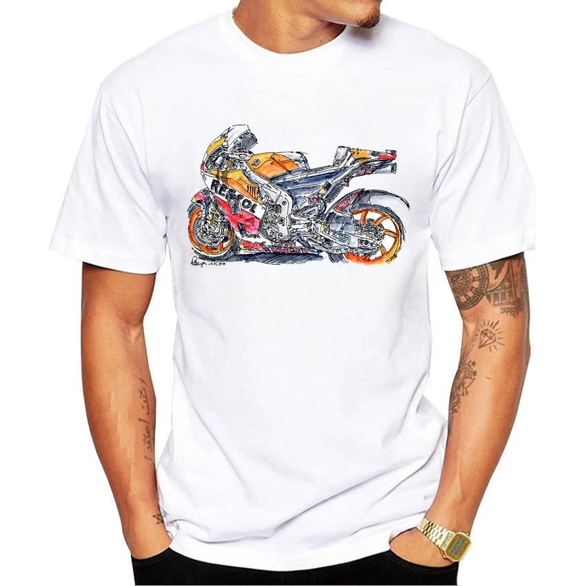 Cheavyweight New Summer Men Short Sleeve Repsol RC213V  Motorcycle Ink Drawing Design T-Shirt Hip Hop Boy Casual Tops White Tees