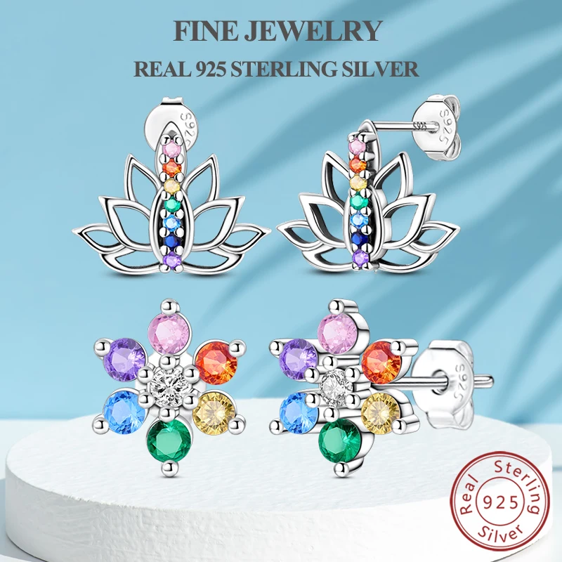 

Серьги, оригинальные настоящие серьги-гвоздики из стерлингового серебра S925, красочные серьги-гвоздики с цветком лотоса и цирконием, ювелирные изделия высокого качества для женщин и девочек