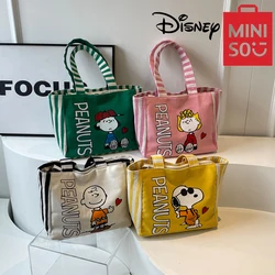 MINISO Disney Canvas Bag Cartoon Cute Handbag Stripe Letter Tote Bag Snoopy Shoulder Bag Casual Fashion women's Bag