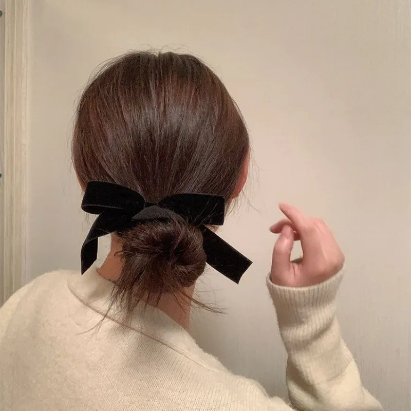 Black Velvet Bow Scrunchies Headwear for Women Girls Korea Sweet Retro Classic Ponytail Elastic Hair Band Hair Accessories