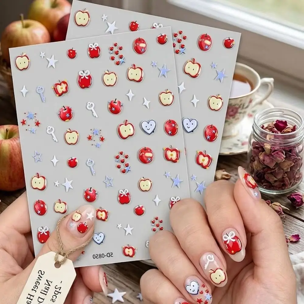 2Pcs Cute Red Apple Nail Art Stickers Sweet Bow & Star Design Adhesive Nail Decals DIY Manicure Sliders Sticker For Women Girls