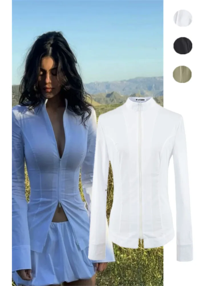 

Уличный облегающий повседневный топ с двойной молнией и воротником-стойкой на талии Hot Girl Faion Long Sve Color Top