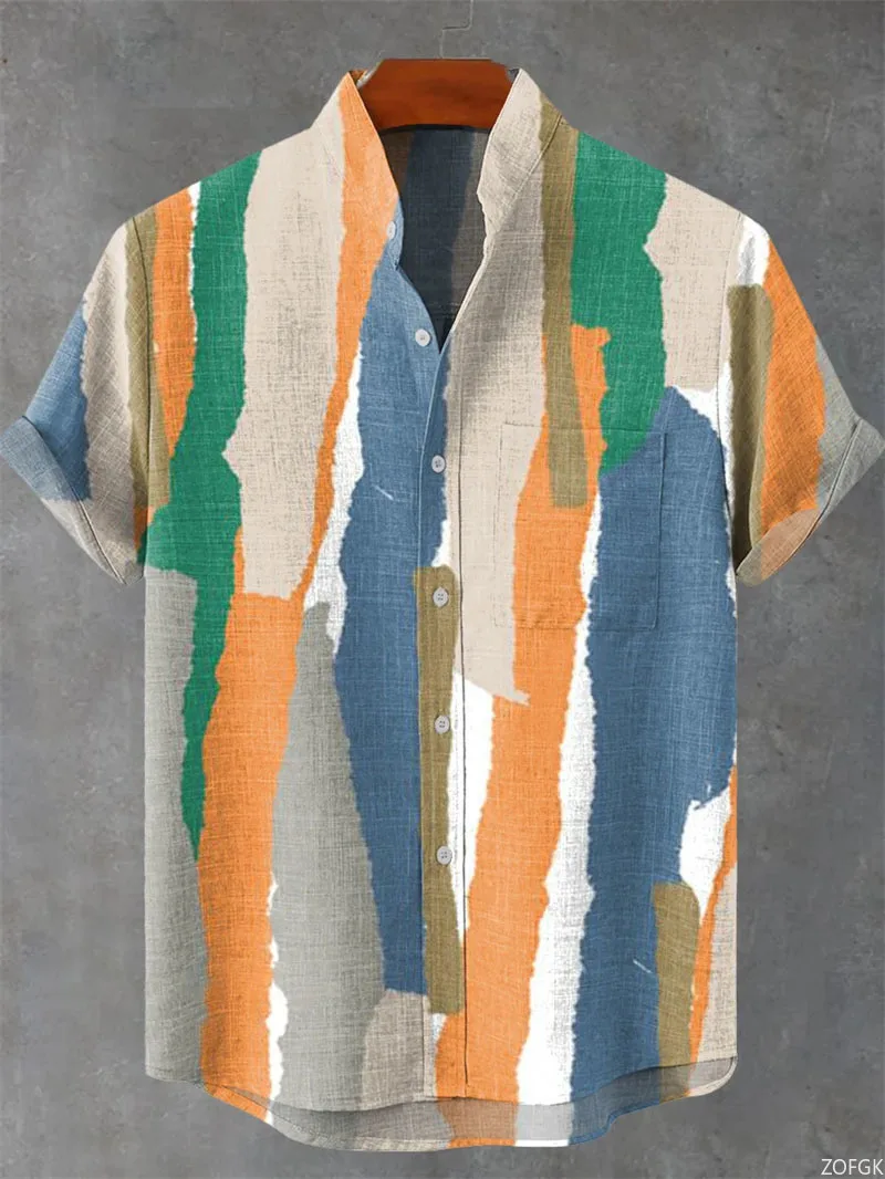 الرجال هاواي قميص كتان الصيف ثلاثية الأبعاد اللون المطبوعة قصيرة الأكمام بحر ، ريترو لباس غير رسمي Ropa De Hombres الرجال القمصان #2