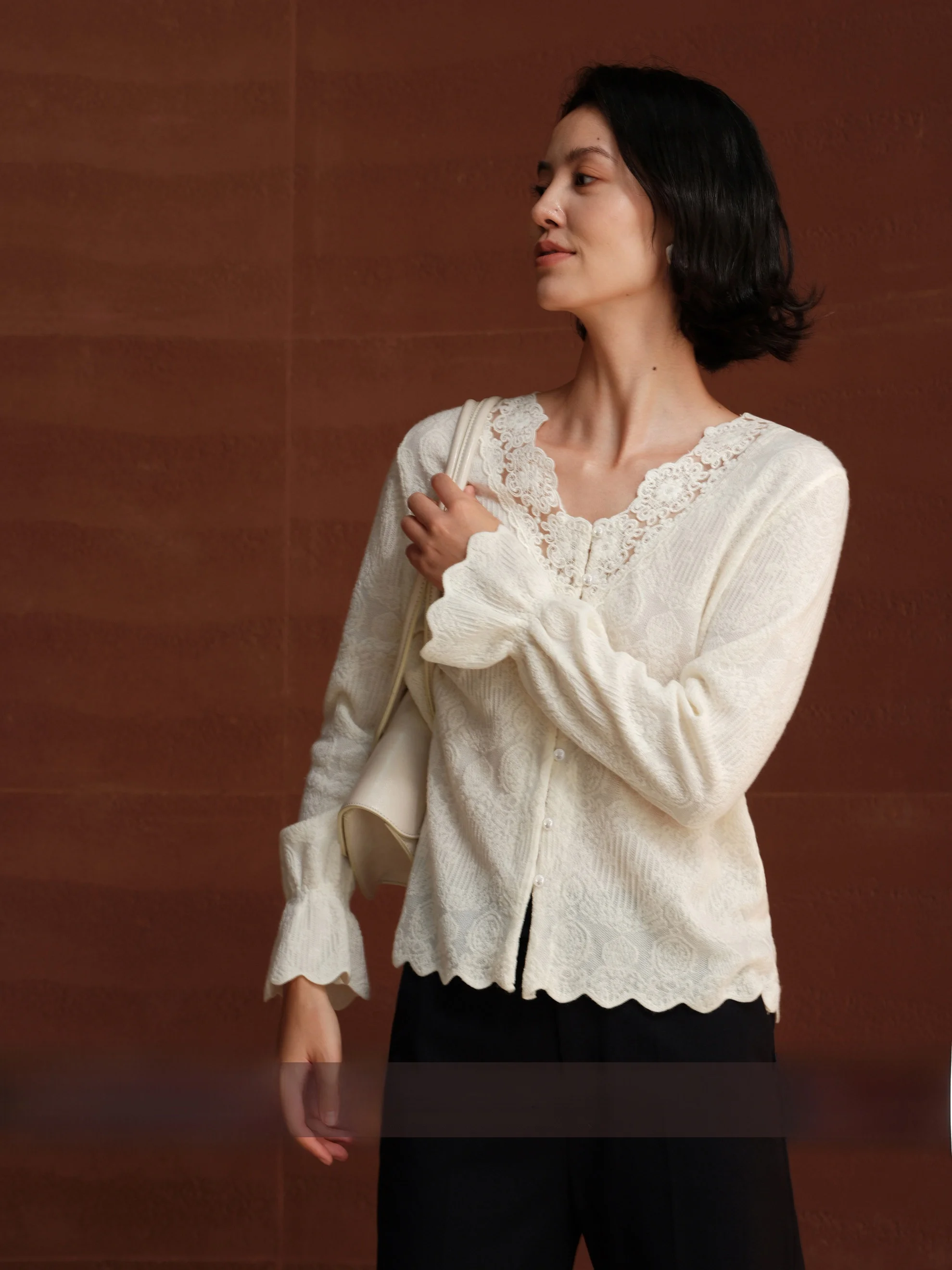 

Zhimei Rihua True Silk Wool Embroidered V-ne Lace White Knitted Long Sve Open Cardigan Women's Loose Fit Casual Sle