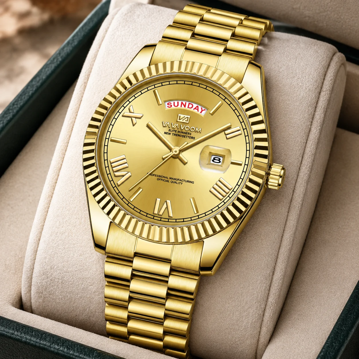 Men's trendy watches, three-dimensional Roman hour markers, week calendar timing, business and leisure watches