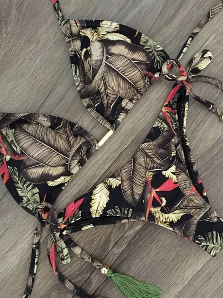 2020 Women Sexy Bikini Set Up Floral Print Bandage Swimsuit High Waist Thong Brazilian Biquini swimwear Summer Beach Wear