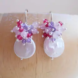 Camelia coin pearl bridal gemstone cluster earrings pink purple rose quartz amethyst ruby sterling silver wire wrap June