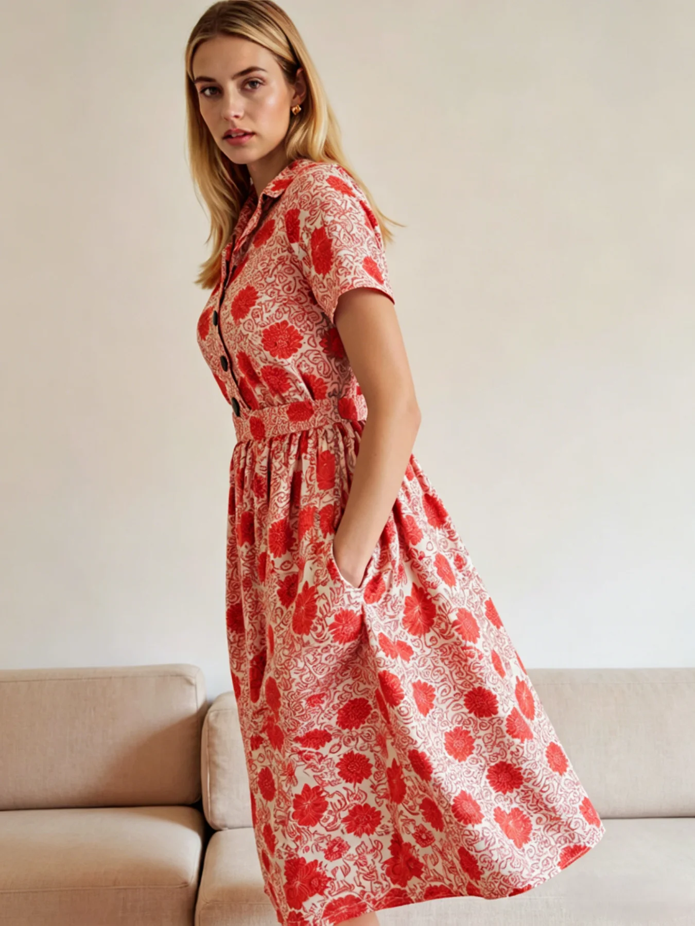 Casual Red Floral Shirt Dress for Women - Short Sleeve Button Down Waisted Midi Dress, Perfect for Summer and Daily Wear