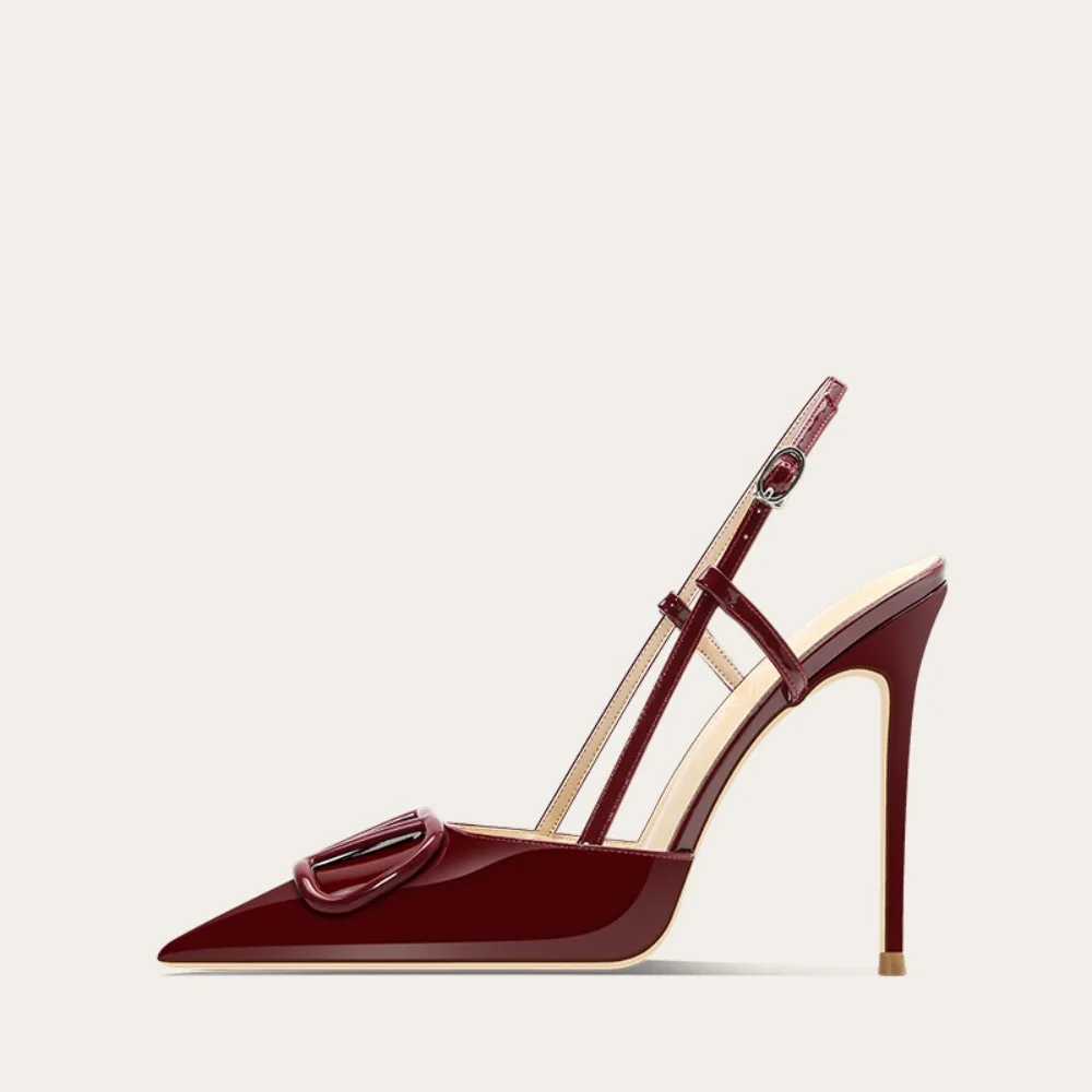 

Sexy Wine Red Patent Leather V Buckle Stiletto Sandals Women Summer High Heels