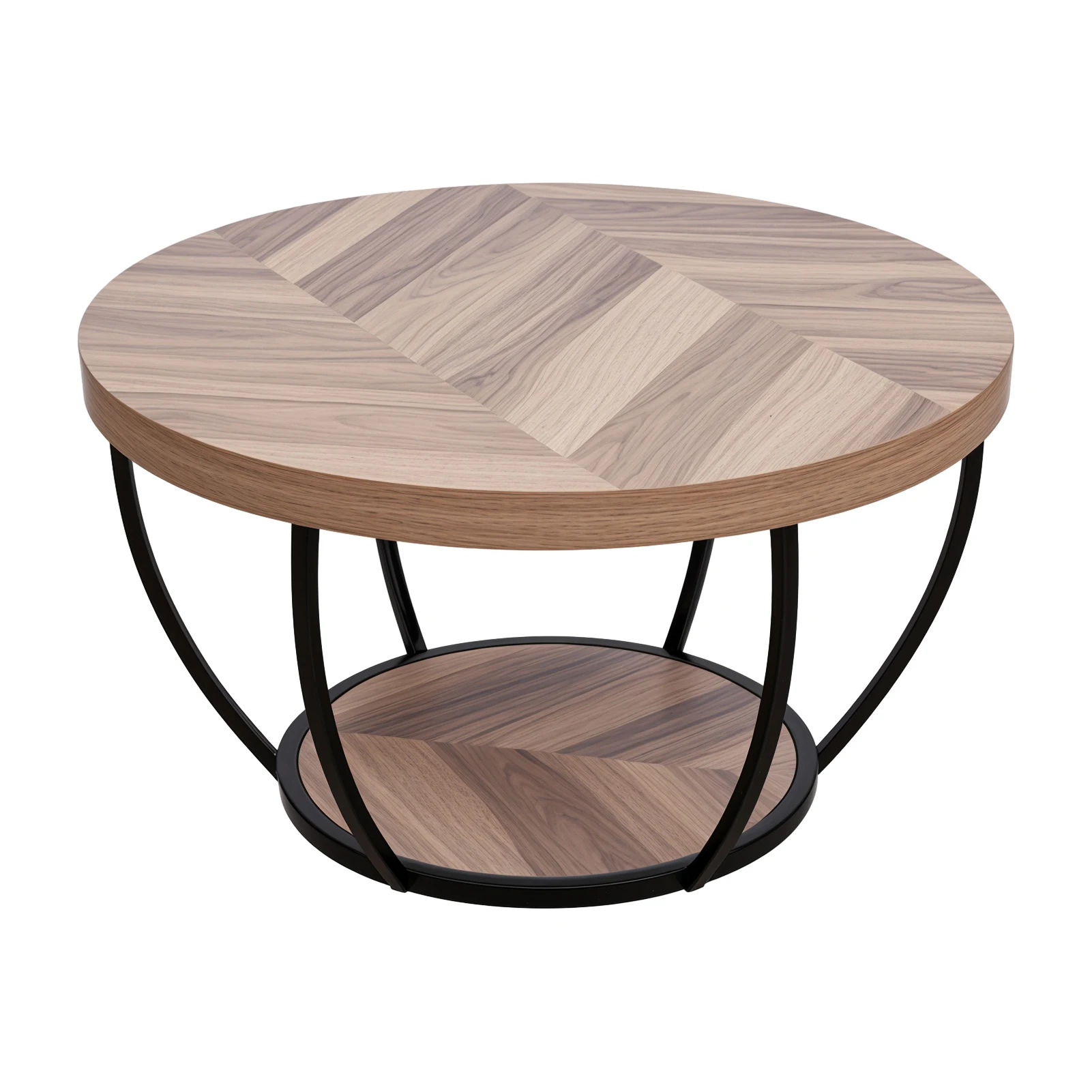 Round Coffee Table, Industrial 2-Tier Circle Coffee Table, Wooden Grain Center Table Sofa Side Table with Bottom Shelf