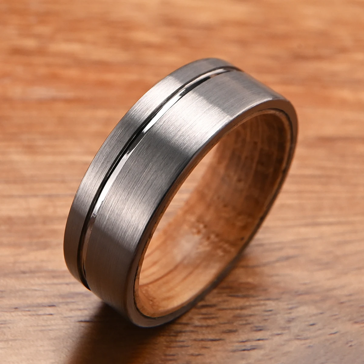 8mm Brushed Finishing Tungsten Ring Wine Barrel Wood Inner Ring, Mens Wedding band Ring Engagement Party Fashion Jewelry Gift