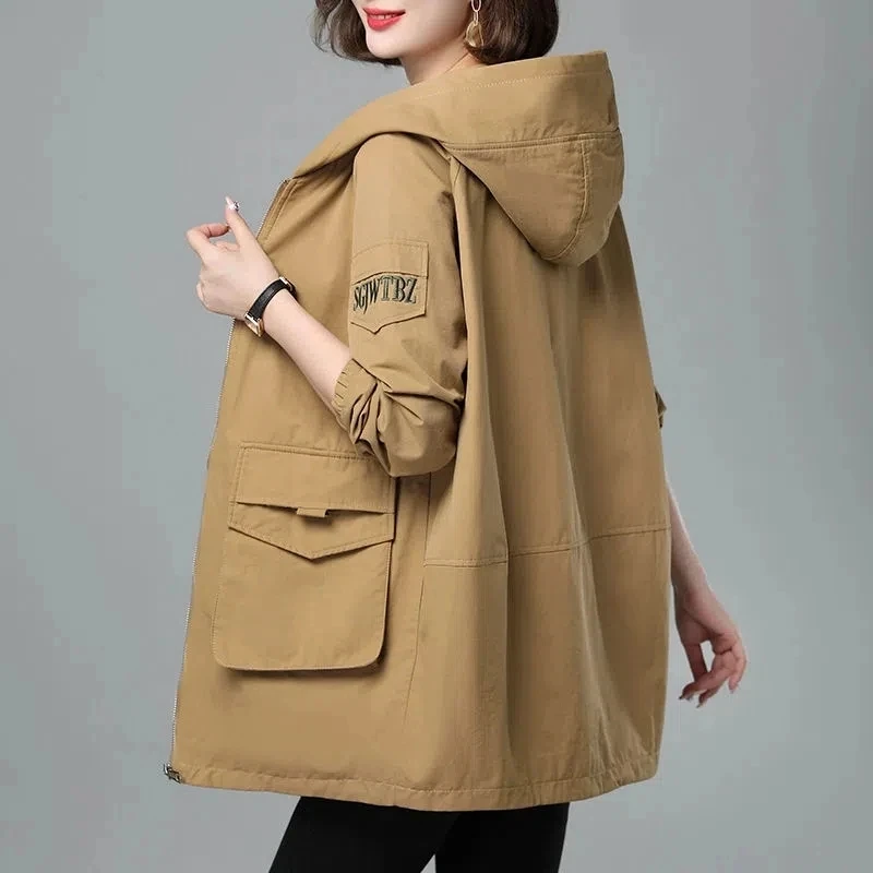 

2023 New Spring Autumn Trench Coat Women's Mid Long Zipper Hooded Women Trench Coats Overcoat Windbreaker Female Outerwear Tops