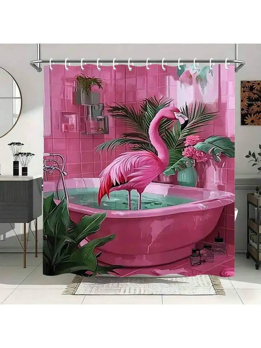 

1Pc, 71x71in (180x180cm), Pink Flamingo In Bathtub Funny Bathroom Shower Curtains - Playful Botanical Shower Curtain For