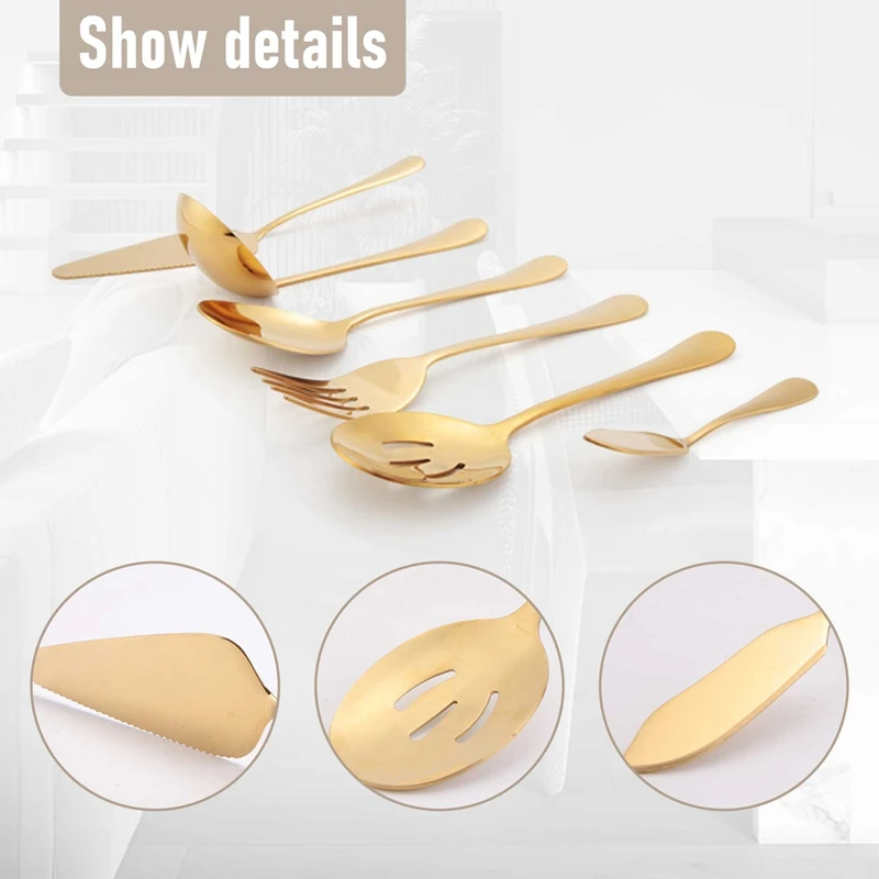 6-Piece Serving Flatware Silverware Set, Serving Utensil Set,Include Cake Server, Slotted Serving Spoon