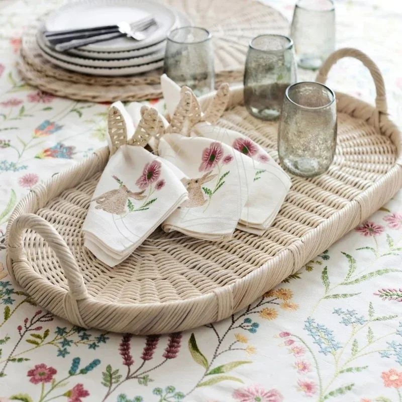 Handmade Woven Rattan Storage Tray With Handles Multifunctional Home Decor Organizer Tray