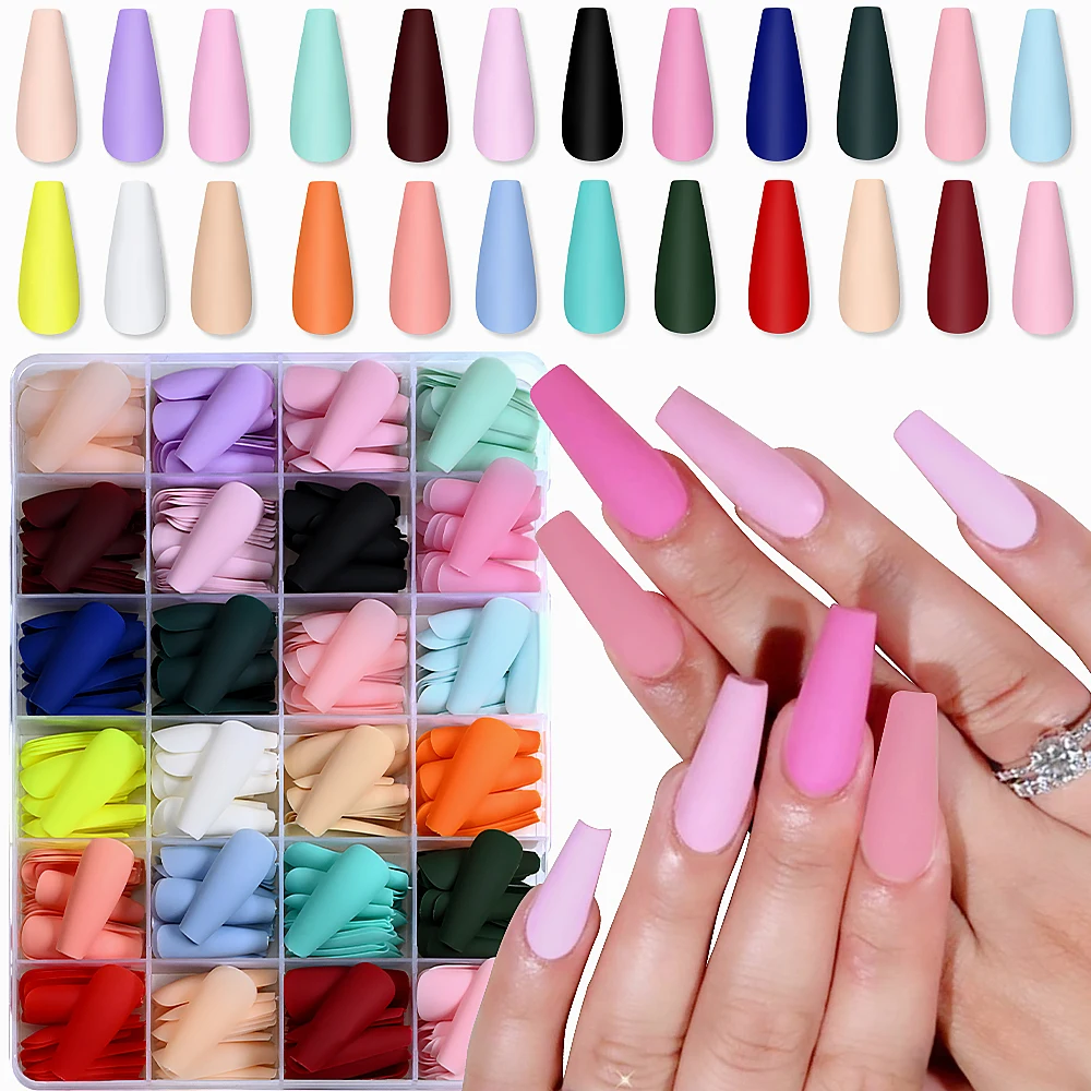 

576 шт./упаковка, разноцветные накладные ногти средней длины, матовая текстура, полное покрытие, розово-красные, накладные типсы для женщин, смешанные длинные балетные формы