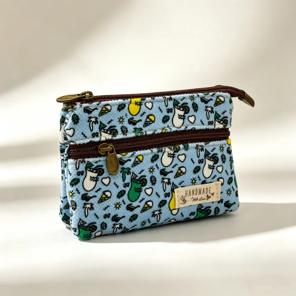Fresh country style oil painting style double-pull 4-layer cotton fabric zero wallet, girl coin bag, money bag, ID bag, card bag