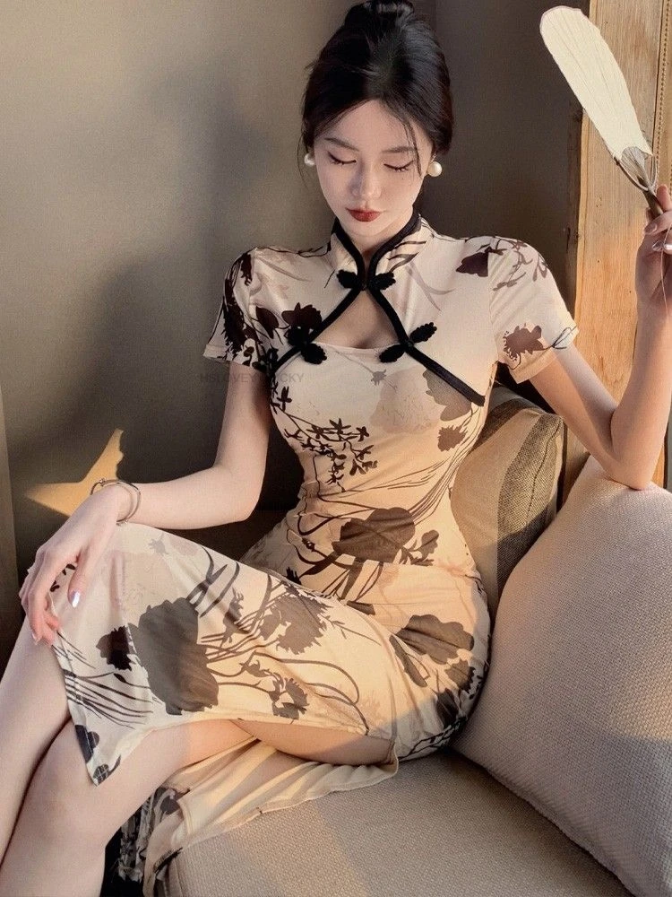 

Fashionable Cheongsam Young Girls Retro Printed Waist Slimming New Chinese Style Dress For Women Floral Sexy Qipao Dress