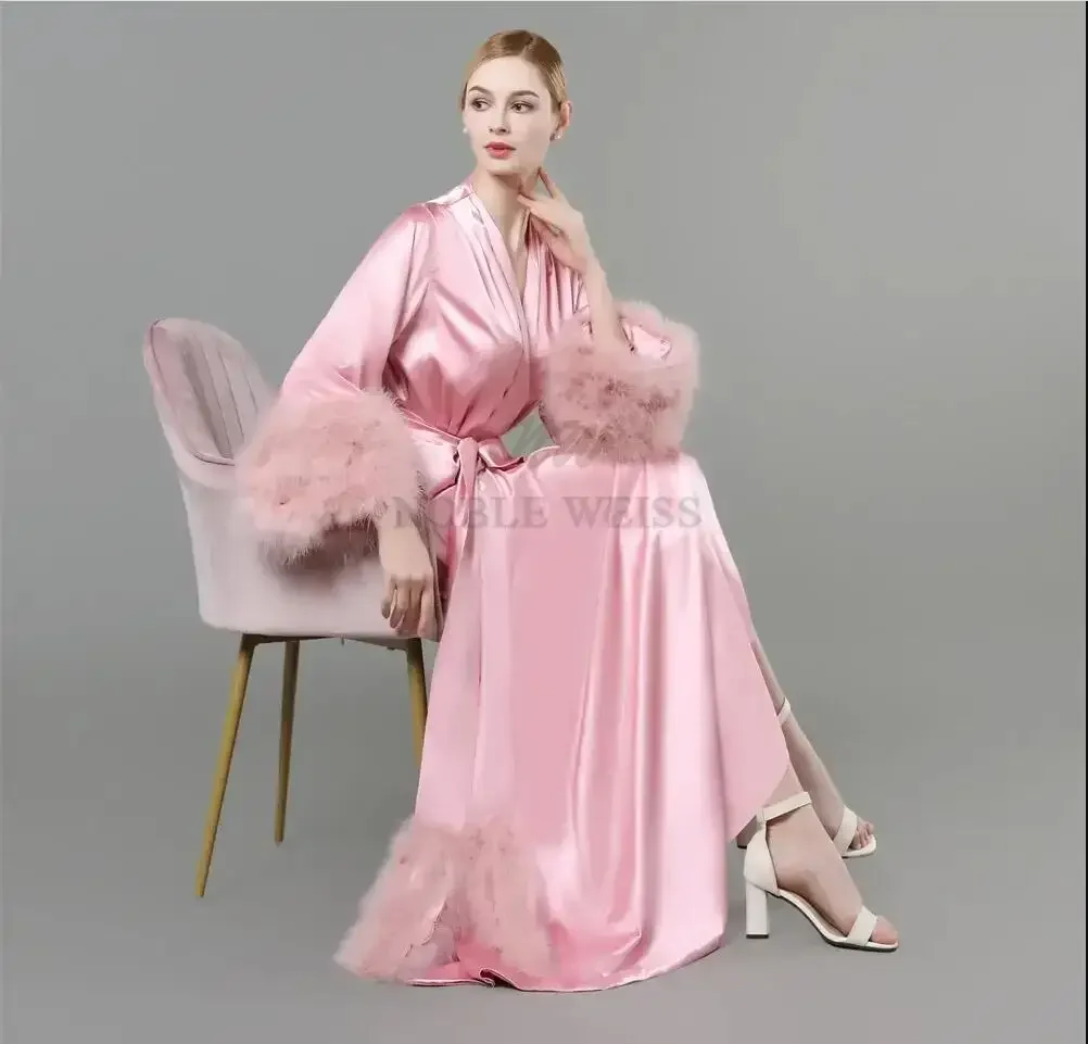 Party Robe Maternity Prom Dresses Long Sleeves Fur Evening Gowns Kimono Pregnant Party Sleepwear Women Bathrobe Sheer Nightgown