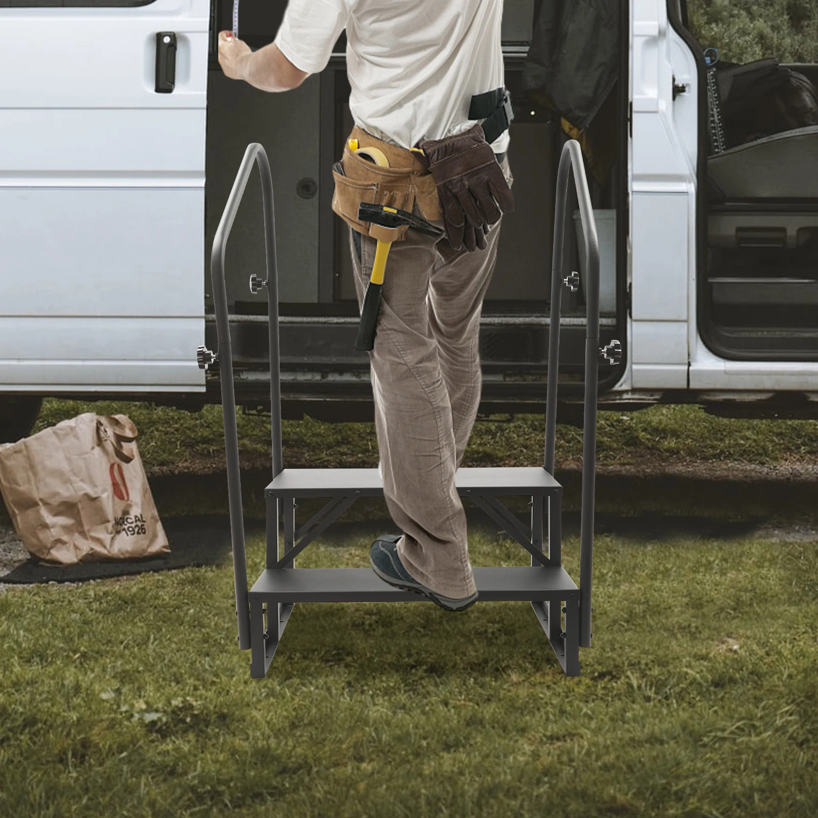 2 Step Ladder Porch Steps with Handrails Above Ground Swimming Pool Ladder Portable Step Stool for RV Travel Trailer Camper