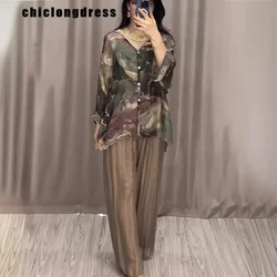 Spring Summer Fashion Print Two piece Set Women Casual Loose Print Shirt Wide Leg Pants Two piece Set Women