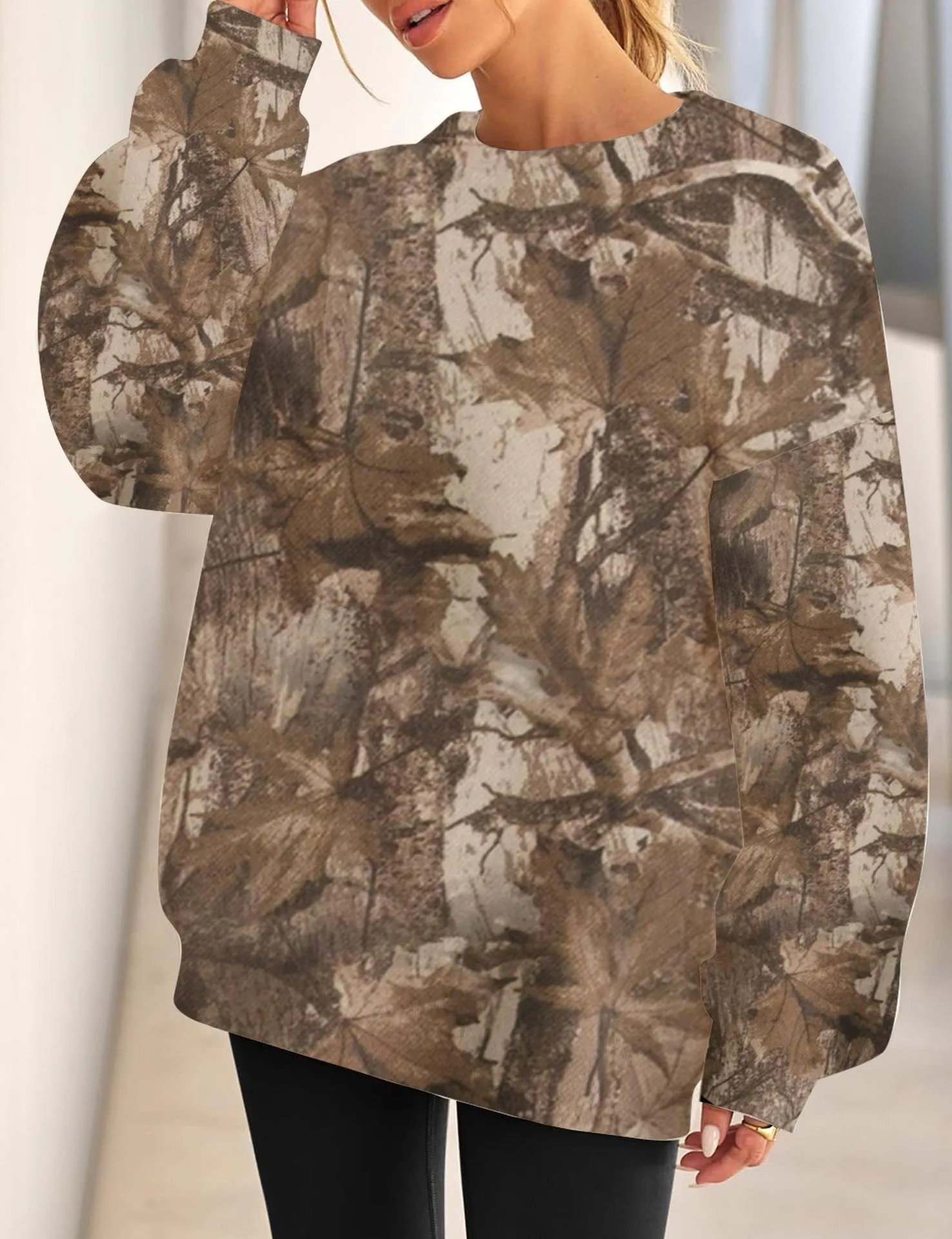 Printed Loose Fit Hoodie with Plant Floral Pattern Mid Length Streetwear No Hood Casual Long Sleeve Pullover Women Hoodie
