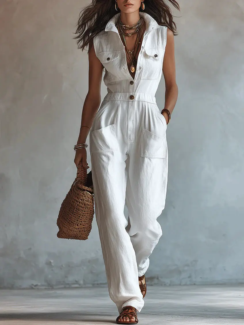 

Streetwear Jumpsuit For Women Fashion Sleeveless Button Down Turn-down Collar Long Pants Jumpsuits Lady Casual Women's Clothing