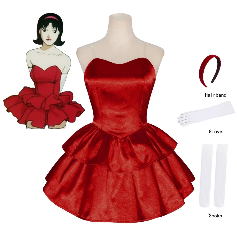 Perfect Blue Mima Cosplay Costume Red Strapless Tube Dress with Headband with Thigh-High Stockings and Gloves