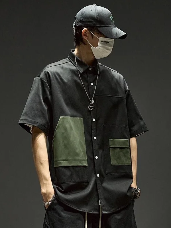 Men's Workwear Shirt Summer Short Sleeve Patchwork Design Casual Style Breathable Polyester Fiber Splice Shirt for Teens
