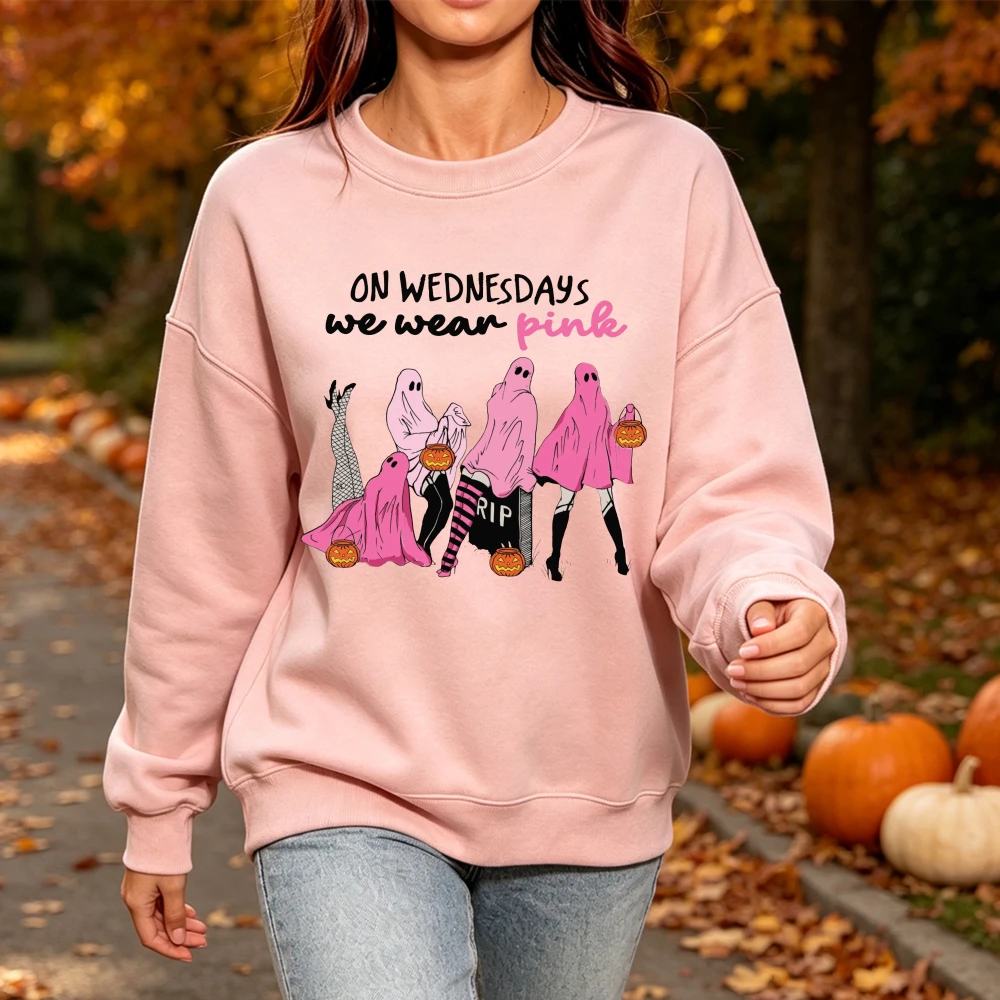 On Wednesdays We Wear Pink Ghost Halloween Print Ladies Crew Neck Sweatshirt Breast Cancer Awareness Long Sleeve Fashion Apparel view 4