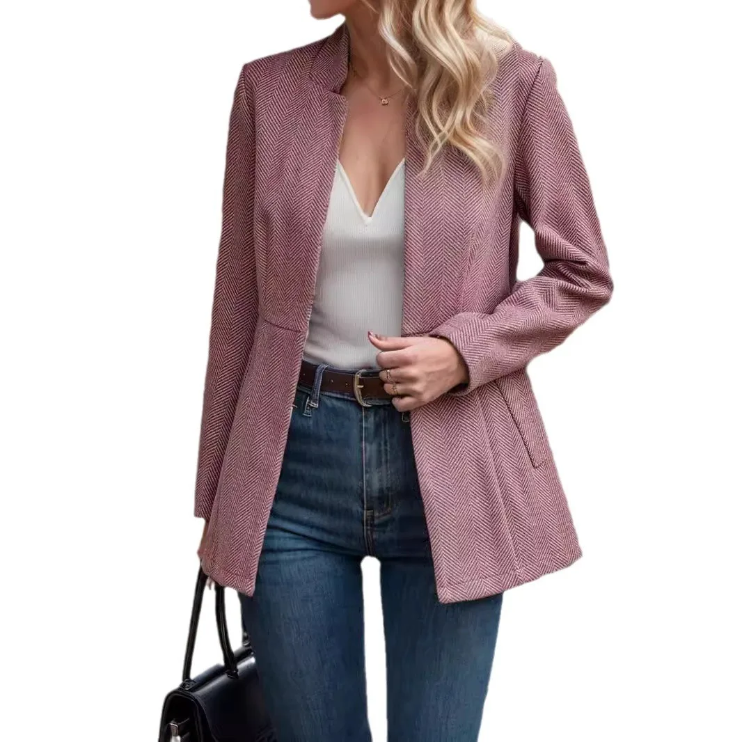 Thick Notch Lapel Mid Length Coat with No Buttons Fitted Silhouette Sweet and Fresh Cross Border Style Elegant Women Suit
