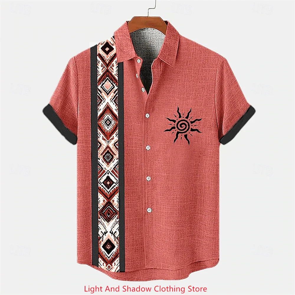

Men's ethnic clothing printed short sleeved shirt fashionable Hawaiian vacation party shirt bamboo hemp men's fashionable shirt