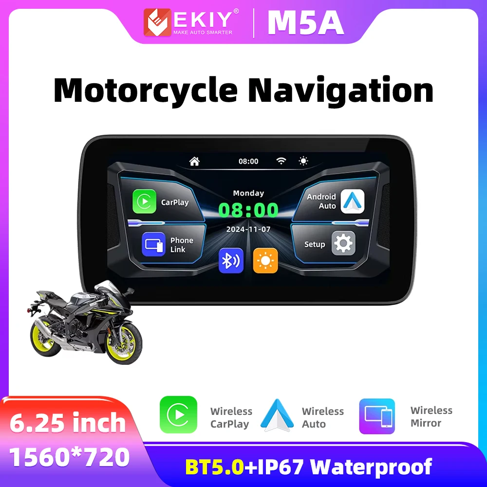 

EKIY 6,25-дюймовый передний и задний двойной Bluetooth-камера, рекордер для мотоцикла, беспроводной CarPlay, Android, GPS, мотор, Carplay, навигация