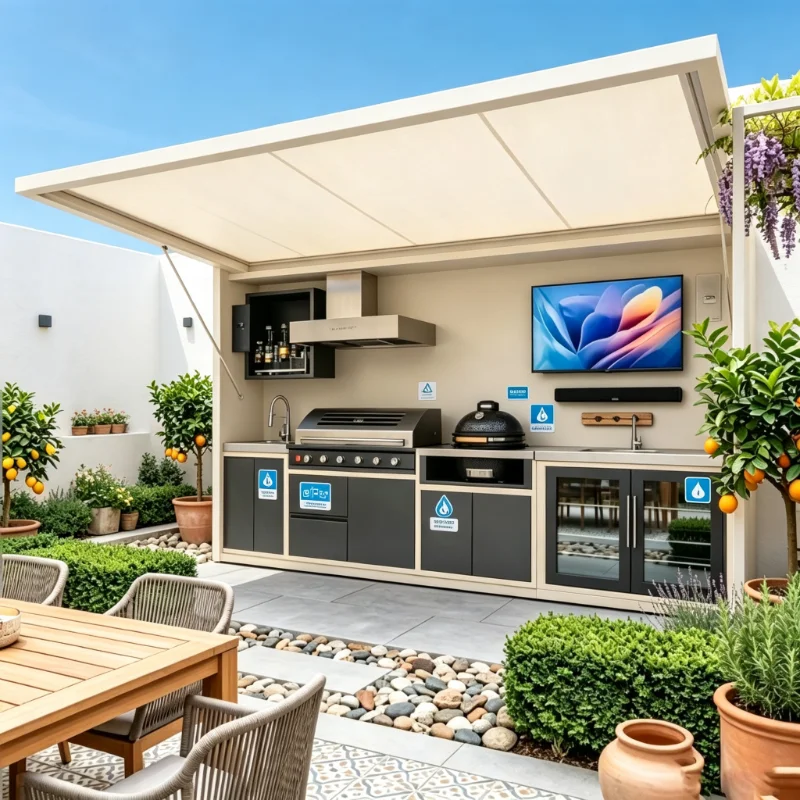 Garden Outdoor Kitchen, Luxury Foldable Modular BBQ Island with Stainless Steel Gas Grill, Modern Cabinets & Range Hood