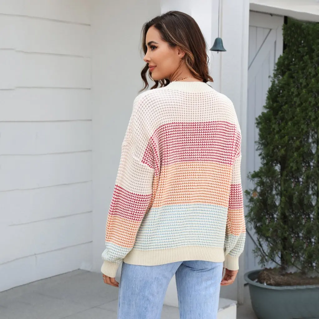 

Осенний повседневный свитер для женщин, свободный двухцветный контрастный вязаный топ большого размера с круглым вырезом