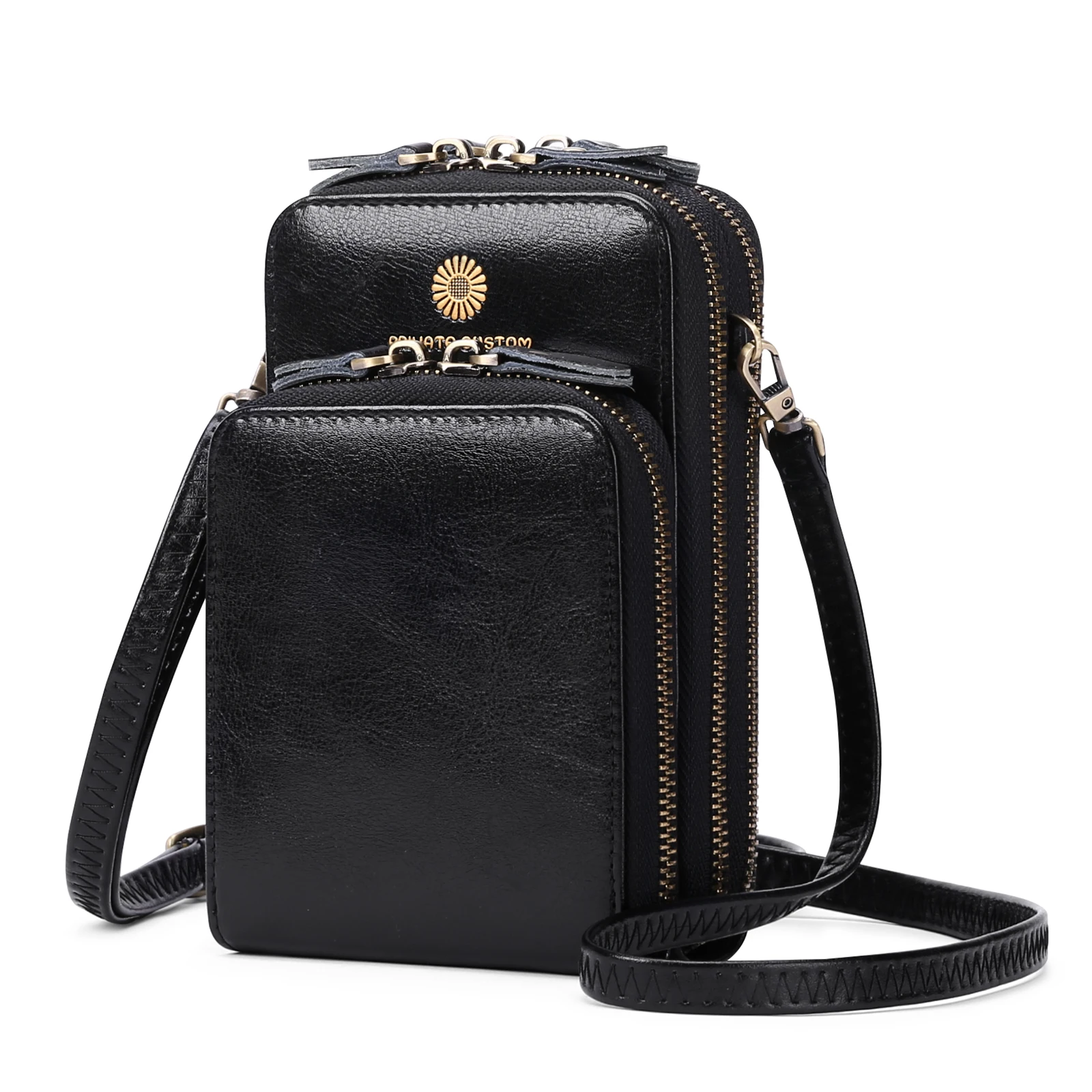 

Vintage Crossbody Genuine Leather Cell Phone Shoulder Bag Double Zipper Bags Fashion Daily Use For Women Wallet HandBags